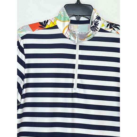 GGBlue Women's L Blue White Striped 1/4 Zip Short Sleeve Golf Athletic Shirt - Picture 7 of 8